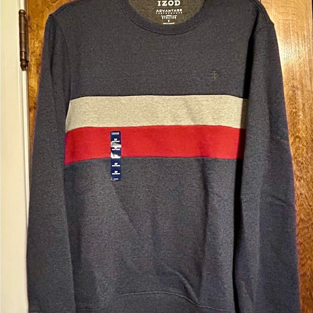 Izod Men's Crewneck Sweater in Navy with Red and Gray Stripes